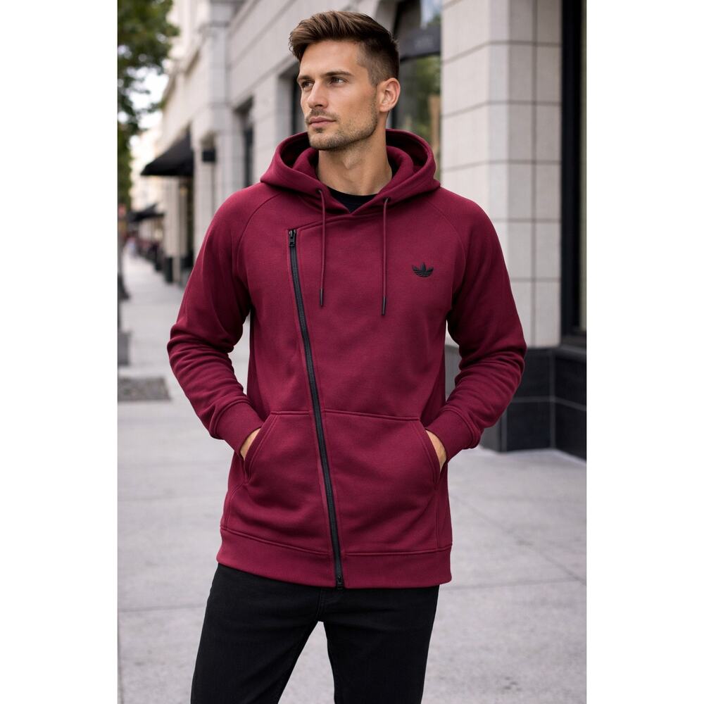 adidas Originals Burgundy Hoodie Zip Pocket Longline XL Streetwear Unisex Casual